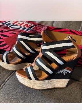 Striped  Espadrille Wedge Sandals shoes heels Team Embroidered accents
